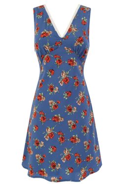 Women's French-Style Floral A-Line Dress - Blue V-Neck Vacation Dress for Summer 2025 - Chic 90s Inspired Fashion