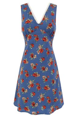 Women's French-Style Floral A-Line Dress - Blue V-Neck Vacation Dress for Summer 2025 - Chic 90s Inspired Fashion