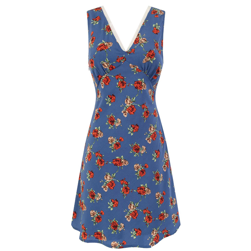 Women's French-Style Floral A-Line Dress - Blue V-Neck Vacation Dress for Summer 2025 - Chic 90s Inspired Fashion Women's French-Style Floral A-Line Dress - Blue V-Neck Vacation Dress for Summer 2025 - Chic 90s Inspired Fashion