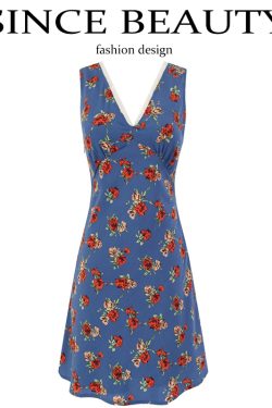 Women's French-Style Floral A-Line Dress - Blue V-Neck Vacation Dress for Summer 2025 - Chic 90s Inspired Fashion