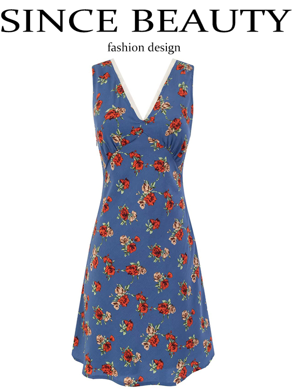 Women's French-Style Floral A-Line Dress - Blue V-Neck Vacation Dress for Summer 2025 - Chic 90s Inspired Fashion Women's French-Style Floral A-Line Dress - Blue V-Neck Vacation Dress for Summer 2025 - Chic 90s Inspired Fashion
