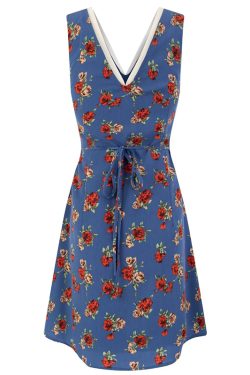 Women's French-Style Floral A-Line Dress - Blue V-Neck Vacation Dress for Summer 2025 - Chic 90s Inspired Fashion
