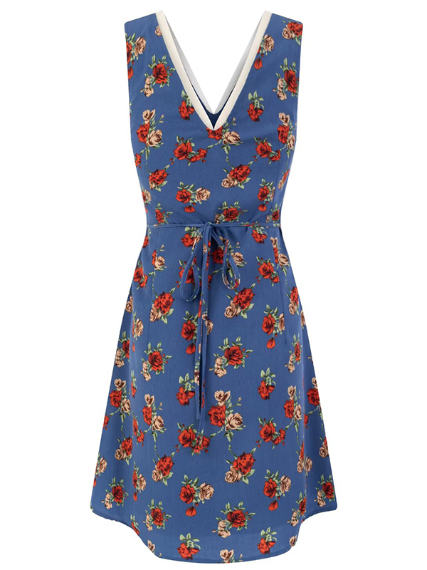 Women's French-Style Floral A-Line Dress - Blue V-Neck Vacation Dress for Summer 2025 - Chic 90s Inspired Fashion Women's French-Style Floral A-Line Dress - Blue V-Neck Vacation Dress for Summer 2025 - Chic 90s Inspired Fashion