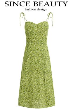 Women's French Style Green Summer Dress 2025 - High-End, Waist-Cinching, Slimming Design for Vacation and Everyday Wear