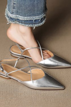 Women's Genuine Leather Backless Flat Sandals - French Pointed Cross-Strap Open-Toe Design, Low-Heeled Casual Loafers