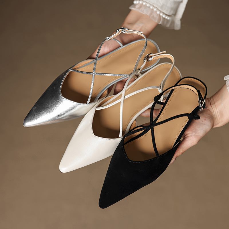 Women's Genuine Leather Backless Flat Sandals - French Pointed Cross-Strap Open-Toe Design, Low-Heeled Casual Loafers Women's Genuine Leather Backless Flat Sandals - French Pointed Cross-Strap Open-Toe Design, Low-Heeled Casual Loafers