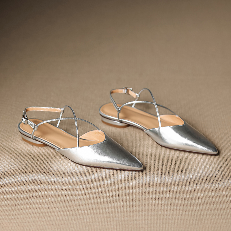 Women's Genuine Leather Backless Flat Sandals - French Pointed Cross-Strap Open-Toe Design, Low-Heeled Casual Loafers Women's Genuine Leather Backless Flat Sandals - French Pointed Cross-Strap Open-Toe Design, Low-Heeled Casual Loafers