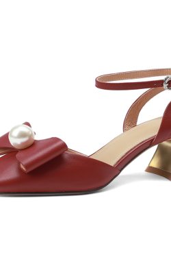 Women’s Genuine Leather Chunky High Heel Sandals with Square Toe, Bow and Pearl Detail - Versatile Closed-Toe Summer Style 2025