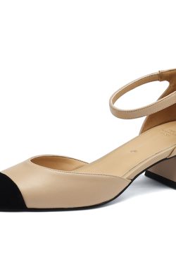 Women’s Genuine Leather Color-Blocking Open-Toe Sandals - Retro Chunky Mid-Heel Hollow Shoes for Summer Fashion