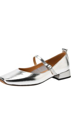 Women's Genuine Leather Low Heel Chunky Mary Jane Shoes - Silver Square Toe - Large Size - Summer 2025 Fashion