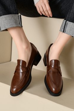 Women's Genuine Leather Slip-On Loafers - Mid-Heel College Style Flats for Commuting - Chic Casual Footwear