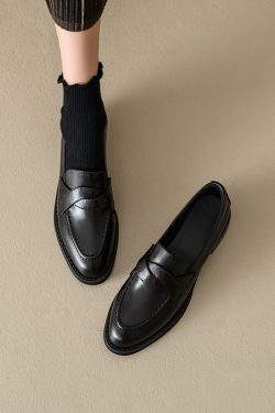 Women's Genuine Leather Slip-On Loafers - Mid-Heel College Style Flats for Commuting - Chic Casual Footwear