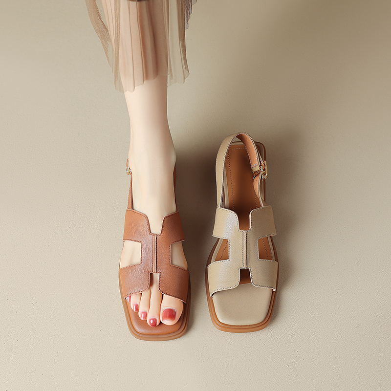 Women's Genuine Leather Square-Toe Open-Toe Sandals - Summer 2025 Mid-Chunky Heel One-Strap for Outdoor Style Women's Genuine Leather Square-Toe Open-Toe Sandals - Summer 2025 Mid-Chunky Heel One-Strap for Outdoor Style
