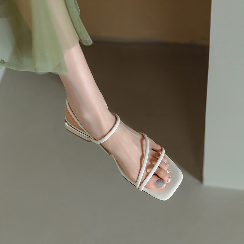 Women's Genuine Leather Square-Toe Open-Toe Sandals, Summer 2025 Fashion, Medium Chunky Heel, One-Strap Style Women's Genuine Leather Square-Toe Open-Toe Sandals, Summer 2025 Fashion, Medium Chunky Heel, One-Strap Style