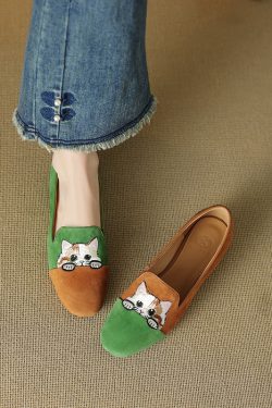 Women's Genuine Leather Suede Lucky Cat Embroidered Slip-On Loafers with Low Chunky Heels - Trendy Y2K Inspired Footwear