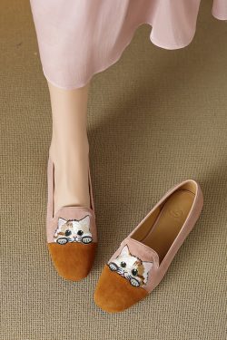 Women's Genuine Leather Suede Lucky Cat Embroidered Slip-On Loafers with Low Chunky Heels - Trendy Y2K Inspired Footwear