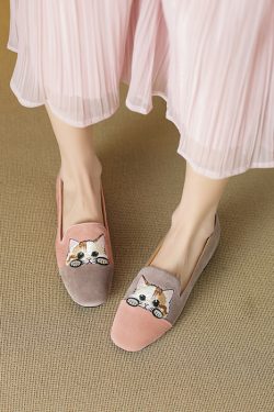 Women's Genuine Leather Suede Lucky Cat Embroidered Slip-On Loafers with Low Chunky Heels - Trendy Y2K Inspired Footwear