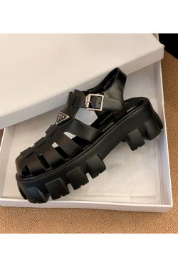 Women’s Genuine Leather Thick-Soled Height-Increasing Roman Sandals, Trendy Hollow Woven Closed-Toe Design for Summer Style