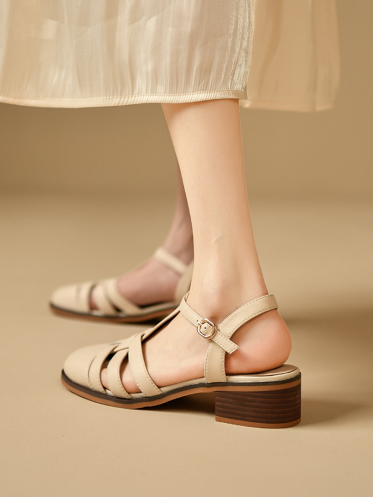 Women's Genuine Leather White Mid-Heel Open-Toe Sandals - Roman Woven Design, Summer Fashion Footwear Women's Genuine Leather White Mid-Heel Open-Toe Sandals - Roman Woven Design, Summer Fashion Footwear