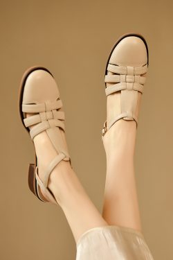 Women's Genuine Leather White Mid-Heel Open-Toe Sandals - Roman Woven Design, Summer Fashion Footwear