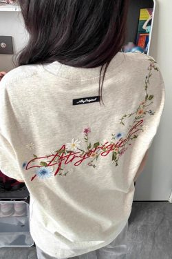 Women's Gray Floral Embroidered High Street T-Shirt - Summer Short Sleeve Heavyweight Cotton Top, Trendy American Style