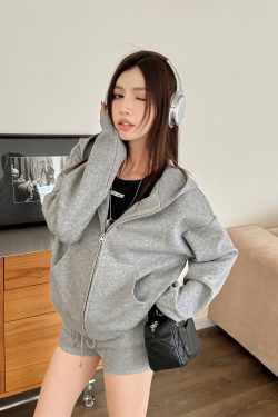 Women's Gray Loose Hooded Sweatshirt and Shorts Two-Piece Set, Light Fabric, Casual Zip-Up Cardigan, Relaxed Style