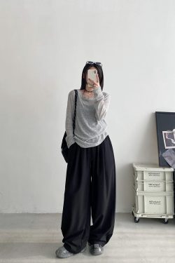 Women's Gray Semi-Transparent Round Neck Sun Protection T-Shirt - Loose Fit, Long Sleeve Knitted Top for Summer, Korean Style Fashion