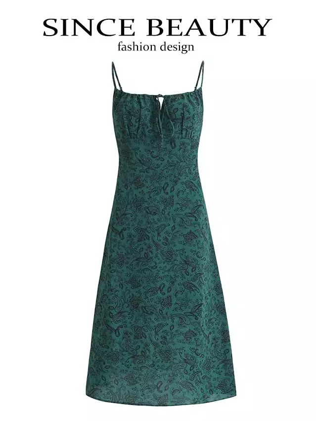 Women's Green Floral Print Long Dress with Straps and Drawstring - French Style Summer Vacation 2025 Fashion Women's Green Floral Print Long Dress with Straps and Drawstring - French Style Summer Vacation 2025 Fashion