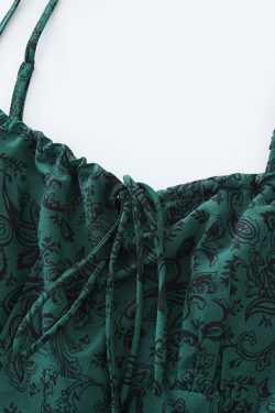 Women's Green Floral Print Long Dress with Straps and Drawstring - French Style Summer Vacation 2025 Fashion