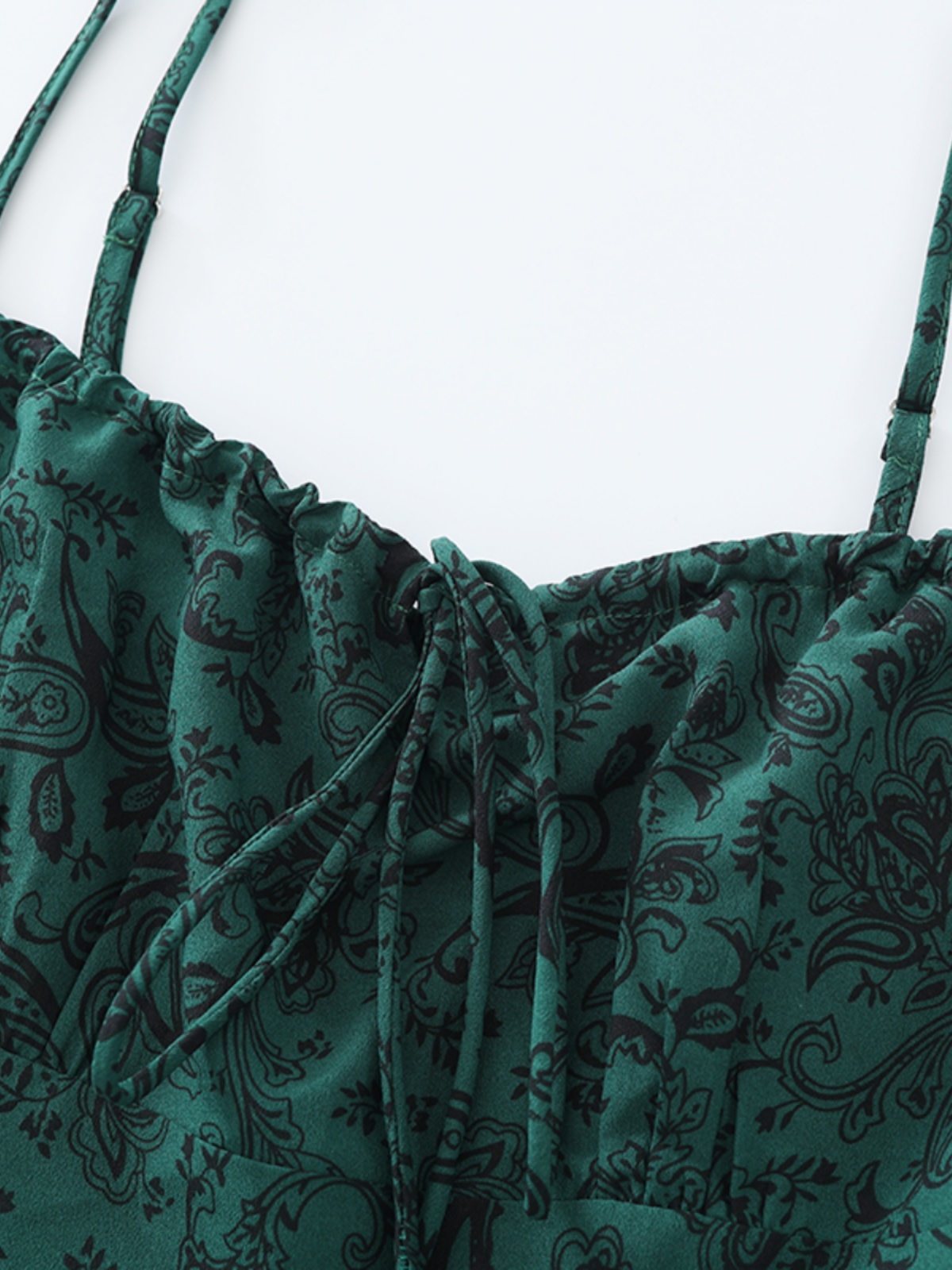 Women's Green Floral Print Long Dress with Straps and Drawstring - French Style Summer Vacation 2025 Fashion Women's Green Floral Print Long Dress with Straps and Drawstring - French Style Summer Vacation 2025 Fashion