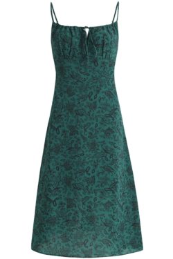 Women's Green Floral Print Long Dress with Straps and Drawstring - French Style Summer Vacation 2025 Fashion