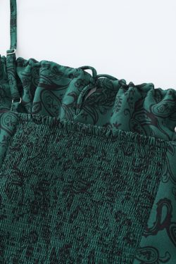 Women's Green Floral Print Long Dress with Straps and Drawstring - French Style Summer Vacation 2025 Fashion