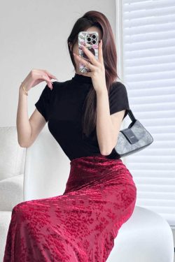 Women's Half-High Collar Ribbed Short Sleeve Top - Versatile Knitted Cotton Black Pullover for Spring/Summer 2025