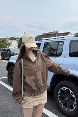 Women's Heartbeat Design Hooded Jacket - Spring Zippered Loose Fit Versatile Short Sweatshirt for Casual Y2K Style