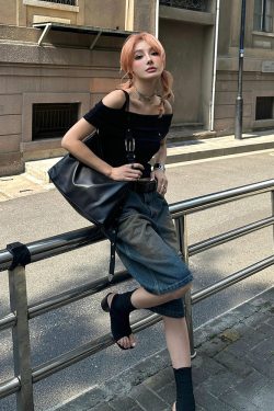 Women's High-End Black One-Shoulder Fitted T-Shirt, Summer Faux Two-Piece Camisole, Trendy Ins Style