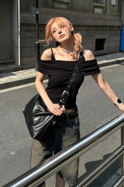 Women's High-End Black One-Shoulder Fitted T-Shirt, Summer Faux Two-Piece Camisole, Trendy Ins Style