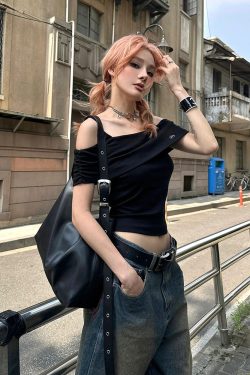 Women's High-End Black One-Shoulder Fitted T-Shirt, Summer Faux Two-Piece Camisole, Trendy Ins Style