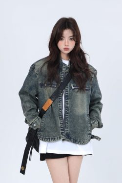 Women's Hip-Hop Loose Short Denim Jacket with Stand Collar - Unique American Street Style