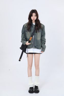 Women's Hip-Hop Loose Short Denim Jacket with Stand Collar - Unique American Street Style