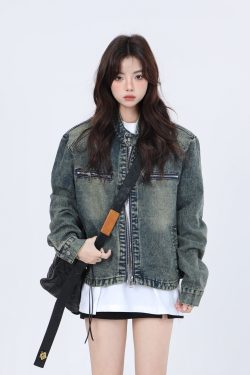 Women's Hip-Hop Loose Short Denim Jacket with Stand Collar - Unique American Street Style