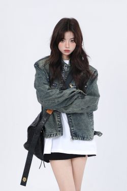 Women's Hip-Hop Loose Short Denim Jacket with Stand Collar - Unique American Street Style