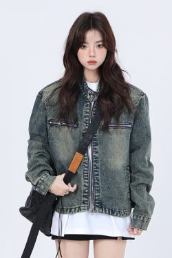 Women's Hip-Hop Loose Short Denim Jacket with Stand Collar - Unique American Street Style