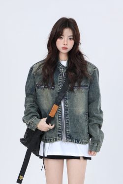 Women's Hip-Hop Loose Short Denim Jacket with Stand Collar - Unique American Street Style