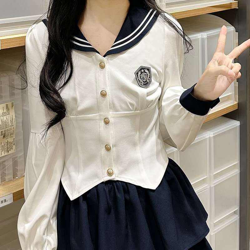 Women's Japanese Style Sailor Suit JK Uniform Shirt Set - Waist-Defined Long & Short Sleeve, Spring Summer 2024, College Style Women's Japanese Style Sailor Suit JK Uniform Shirt Set - Waist-Defined Long & Short Sleeve, Spring Summer 2024, College Style