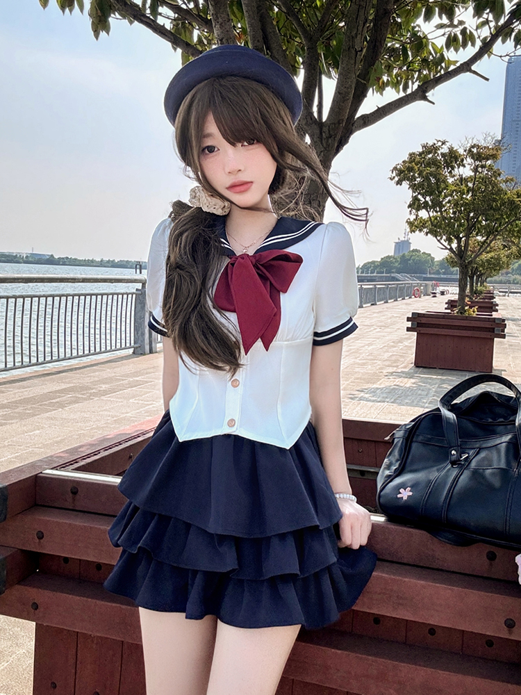 Women's Japanese Style Sailor Suit JK Uniform Shirt Set - Waist-Defined Long & Short Sleeve, Spring Summer 2024, College Style Women's Japanese Style Sailor Suit JK Uniform Shirt Set - Waist-Defined Long & Short Sleeve, Spring Summer 2024, College Style