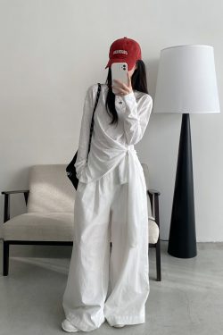 Women's Korean Style Long Sleeve T-Shirt - White Base Layer, Loose Fit, Straight Shoulder, Unique Design, High-End Fashion