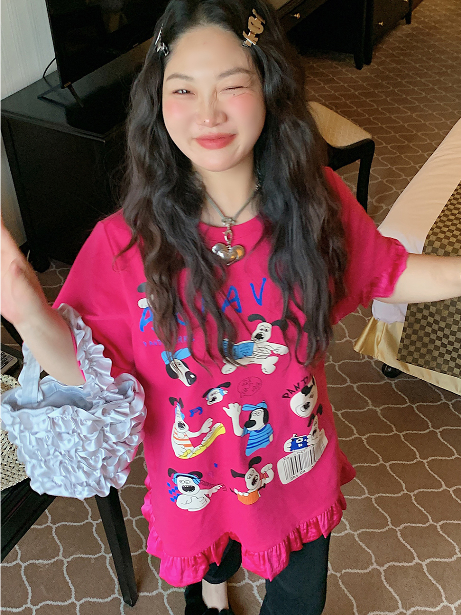 Women's Lace-Edge Printed T-Shirt in Dragon Fruit Color, Short Sleeve, 2025 Summer Design, Trendy Niche Style Top Women's Lace-Edge Printed T-Shirt in Dragon Fruit Color, Short Sleeve, 2025 Summer Design, Trendy Niche Style Top