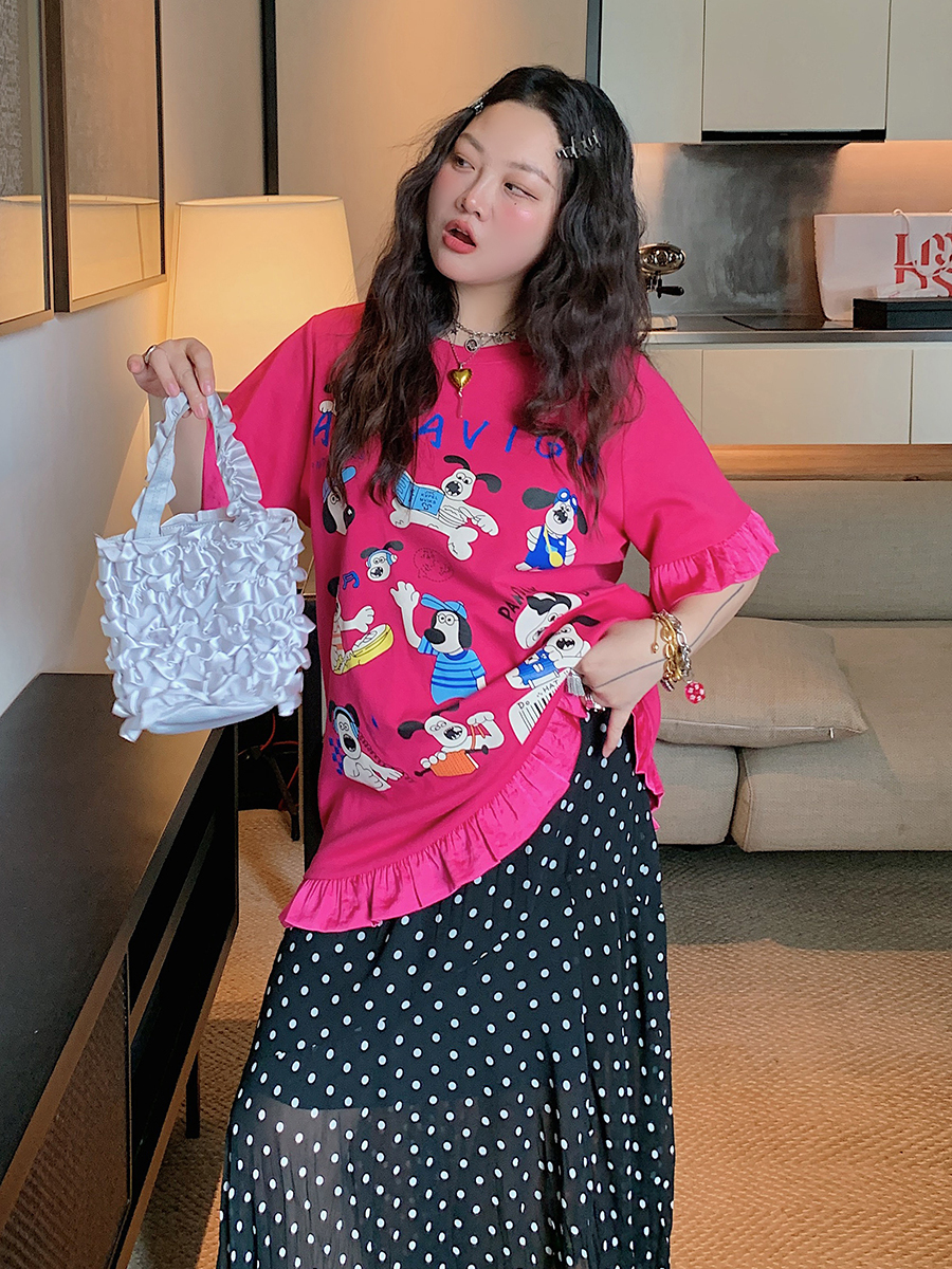 Women's Lace-Edge Printed T-Shirt in Dragon Fruit Color, Short Sleeve, 2025 Summer Design, Trendy Niche Style Top Women's Lace-Edge Printed T-Shirt in Dragon Fruit Color, Short Sleeve, 2025 Summer Design, Trendy Niche Style Top