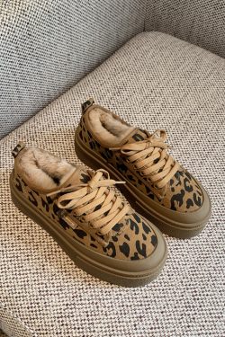 Women's Lace-Up Leopard Print Sneakers, Suede & Genuine Leather, Thick-Soled Casual Shoes, Trendy Spring 2025 Fashion Footwear