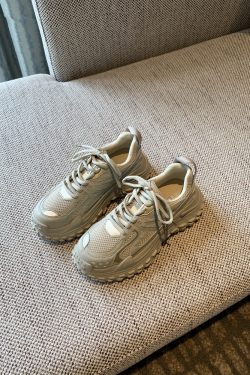 Women's Lace-Up Mesh Sports Leisure Shoes - Breathable Genuine Leather Thick-Soled Dad Sneakers for Spring 2025